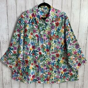 John Mark 100% Linen 3X  Floral Print Point Collar 3/4 Sleeve Front Tunic NWT
